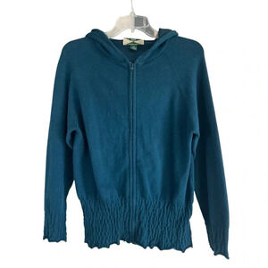 525 AMERICA Full Zip Hooded Sweater Teal Ruched at Waist & Sleeve Size XL